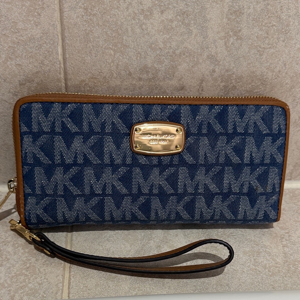 Michael Kors Denim and Tan Logo Wristlet